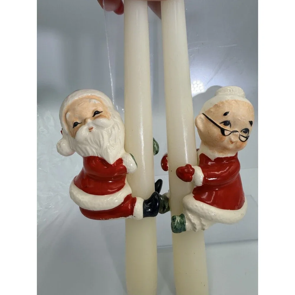 Vintage MCM JAPAN Santa & Mrs Claus Ceramic Candle Hugger Figurines Christmas